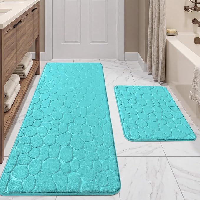 Bathroom Rugs Mat Set, Memory Foam Bath Mat 2 Piece Teal | 17x24&20x46, Non Slip, Water Absorbent, Washable, Bath Mat For Bathroom, Sink and Toilet