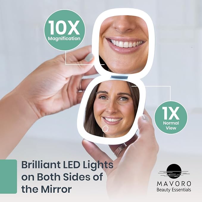 LED Lighted Travel Makeup Mirror 1x/10x, USB-C Rechargeable (Serene Mint)
