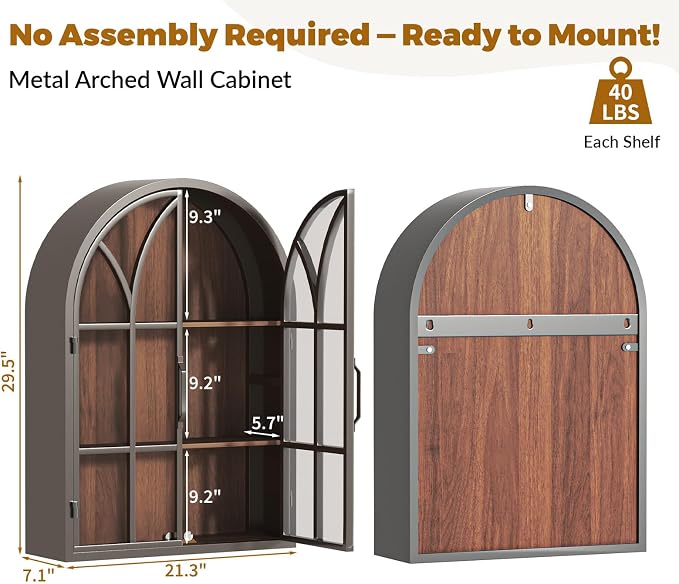 Arched Wall Cabinet with Glass Door, NO Assembly, Metal Wooden | Metal Frame, 12MM Wooden Shelves, Handcrafted Arched Design, 40-lb per Tier, 5MM Tempered Glass, for Bathroom Wall Medicine