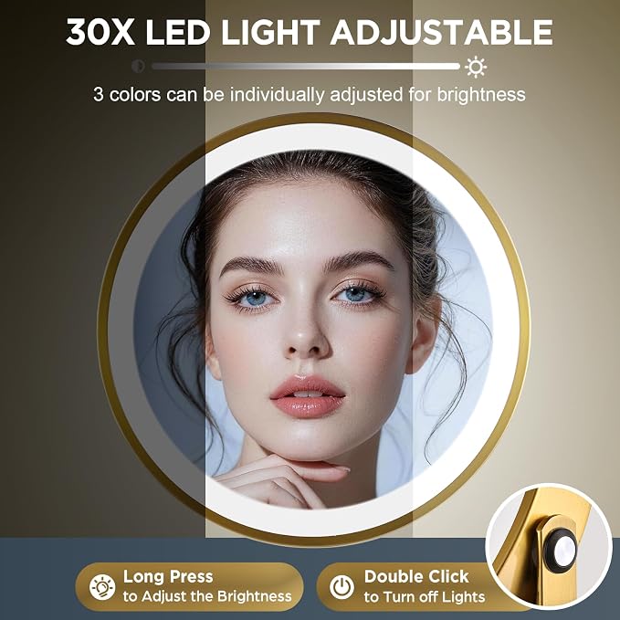 Makeup Mirror with Lights, 30X Golden Magnifying Mirror | 5000mAh Rechargeble Double Sided Mirror - Side Charge & Touch, Brightness Adjustable with 3 Colors, 360°Swivel Vanity Mirror