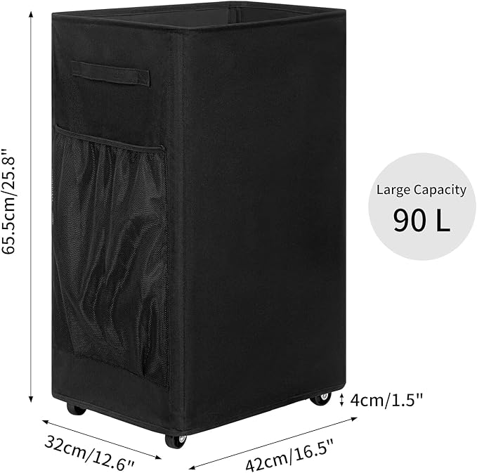 Chrislley Rolling Laundry Basket, 90L Foldable Laundry Hamper with Wheels | Collapsible Clothes Hamper Organizer with Breathable Side Pocket, Laundry Storage Cart for College Student, School Dorm,Black