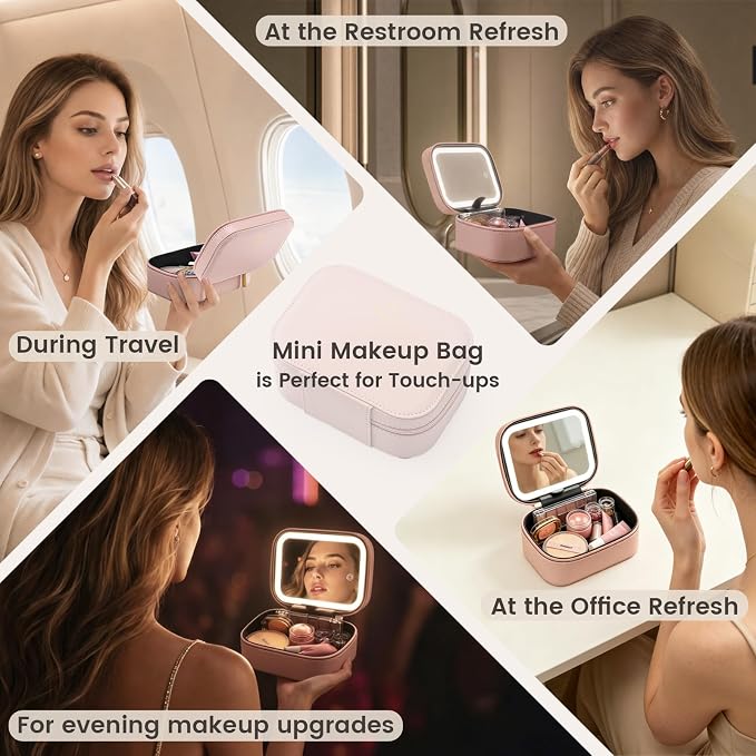 Faquenc Leather Travel Makeup Bag with LED Lighted Mirror Adjustable Brightness in 3 Colors Mini Cosmetic Bag Portable Makeup Pouch Travel Toiletry Bag for Women Instant Touch-up Vanity Pink