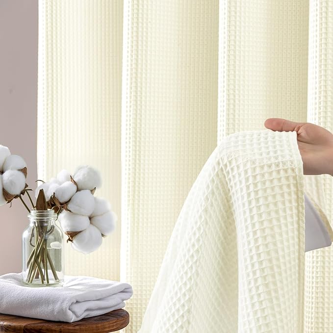 River Dream Cream Cotton Blend Fabric Shower Curtain Set with Liner, 71x74 | Waffle Weave, No Hook Needed, with Snap in Replacement Liner, Top Sheer Window, Hotel Quality Fabric for Bathroom