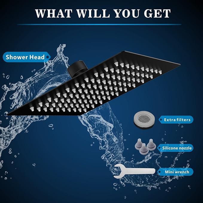 Voolan Rain Shower head, High Pressure Shower Head Made of 304 Stainless Steel, Relaxed Shower Experience Even at Low Water Flow and Pressure (8" Black)