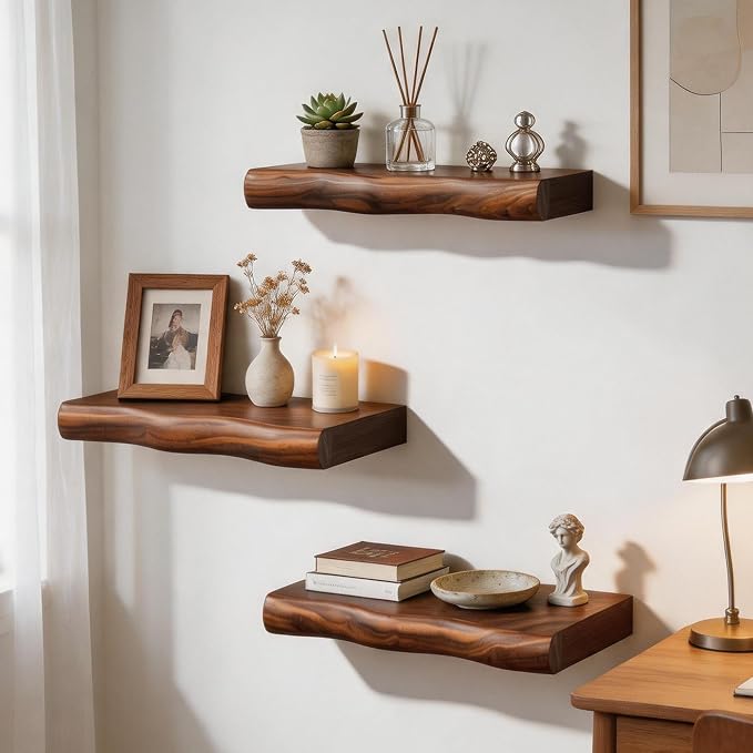 Walnut Finish Floating Shelves with Hidden Bracket, Organic Wavy Edge Wall Shelves, Jointed Solid Pine Construction,Rustic Wall Decor for Living Room & Bathroom (Set of 2-12"