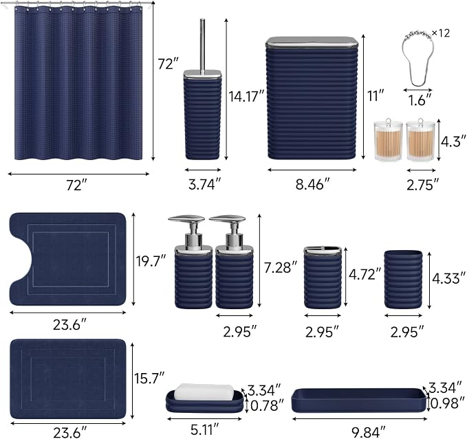 Bathroom Set - 25PC Bathroom Sets with Shower Curtain and Rugs, Blue Bathroom Set, Bathroom Accessory Set, Luxury Bathroom Accessories Set, Trash Can, Toilet Brush, Soap Dish & Soap Dispenser