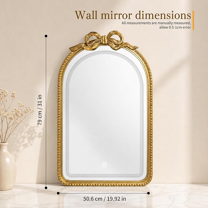 Vanity Mirror with Lights,LED Bathroom Mirror 31x20 Gold Bow Mirror | Mirror with Lights, LED Mirror, Bathroom Mirror with Lights, Lighted Mirror, Gold Bathroom Mirror,Vanity Mirror for Bathroom