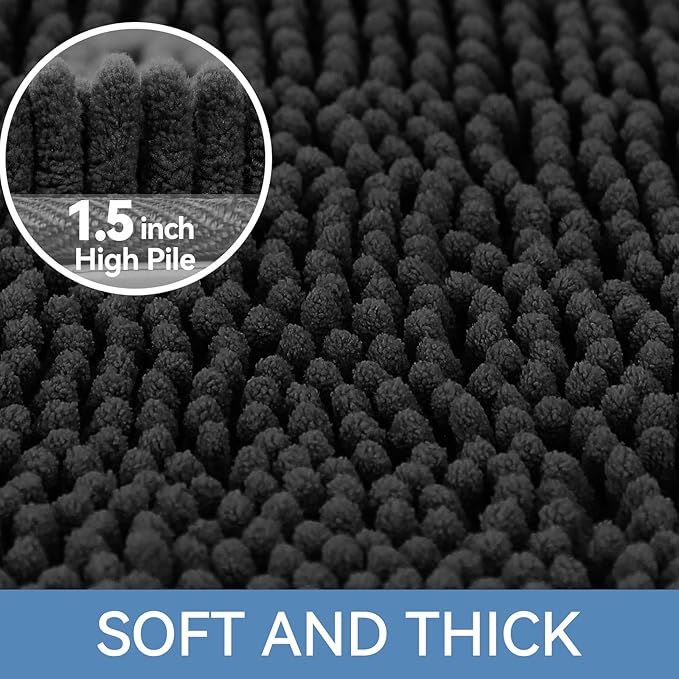 Bcoimo Bath Rug Mat, 44x24 Chenille Non Slip Black Long Bathroom Runner Rug | Extra Soft Bathroom Floor Mats;Non Slip with Rubber Back Bath Mats;High Absorbent, Quick Dry Microfiber mat; Machine Washable
