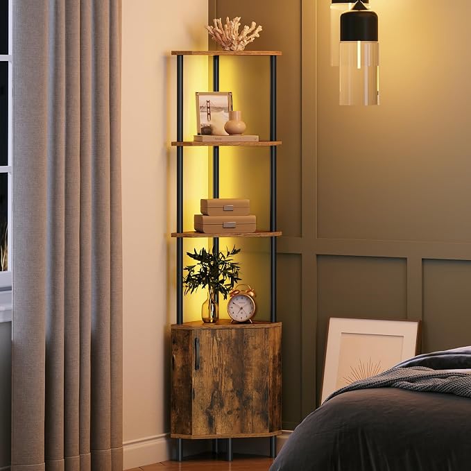 HOOBRO Corner Cabinet with LED Light, Corner Shelf Stand with Storage and Doors, 5-Tier Industrial Corner Bookshelf, 59” Tall Display Rack Shelf, for Living Room, Kitchen, Rustic Brown BF147DCJ01
