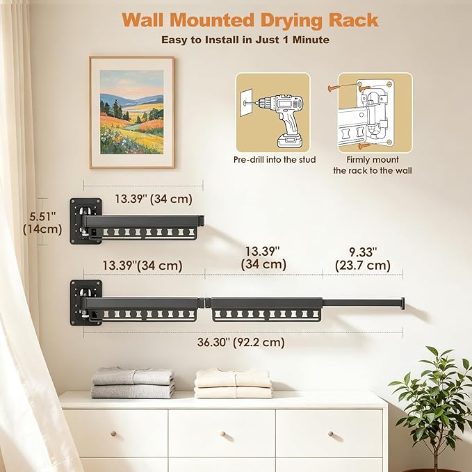 Wall Mounted Clothes Drying Rack Foldable & Space-Saving with 4 Hangers | Windproof Aluminum Laundry Drying Rack Clothing, Retractable Drying Racks for Laundry Room Balcony Bathroom, Indoor/Outdoor