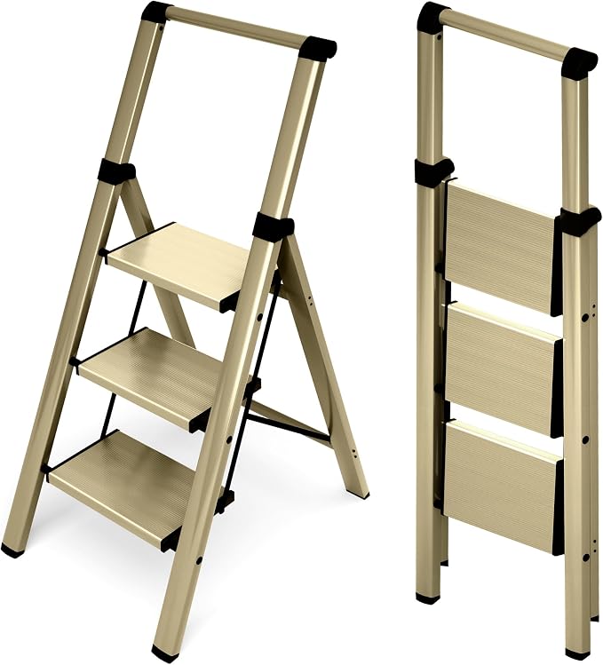HillhutApex Aluminum 3 Step Ladder, Step Stool Foldable Ladder(Gold) | Stepladder with Handgrip,Anti-Slip Pedals,330lbs Capacity,Lightweight Folding Ladder for Home,Office,Libaray