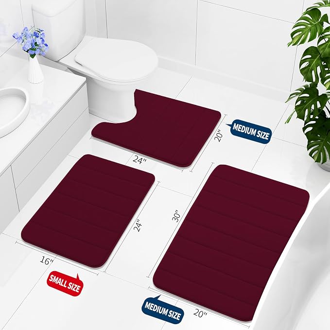 Buganda Memory Foam Bath Mat 60 x 24, Ultra Soft Absorbent Bathroom Rugs | Burgundy, Machine Washable Quick Dry Bath Mats for Bathroom Floor, Shower and Tub, Home Decor Accessories