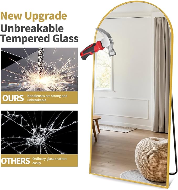 Dewfig Arched Full Length Mirror, 90"x46" Large Floor Mirror, Gold | Aluminum Alloy Frame Oversized Full Body Mirror, HD Shatterproof Tempered Glass, Lean/Stand/Wall for Living Room,Bedroom