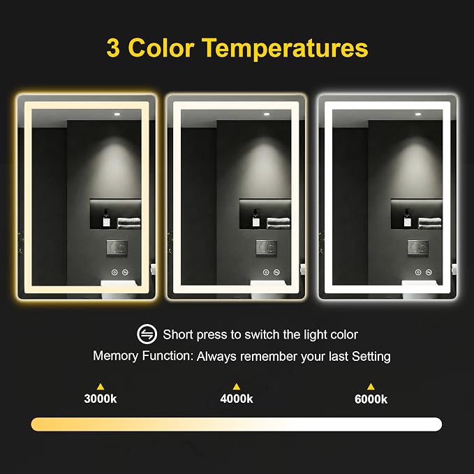 LED Bathroom Mirror with Lights, 24"x36" Lighted Vanity Mirror for Wall | Anti-Fog, Dimmable 3 Color Light, Backlit+Frontlit, Shatterproof Tempered Glass, Memory Function