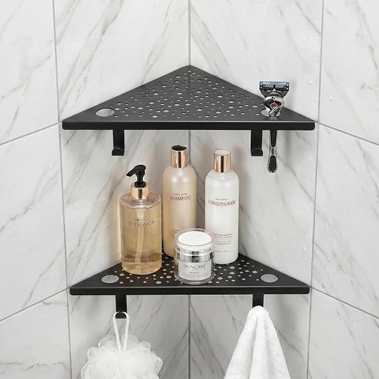 HIDROP Matte Black Corner Shower Shelves with Hooks and Razor Holes, 2 Pack | 4 Hooks & 4 Razor Holes, 10" Bathroom Corner Shelf, 1.5mm Thickened Stainless Steel, Fast Drainage, Tiled Shower Corner Shelf