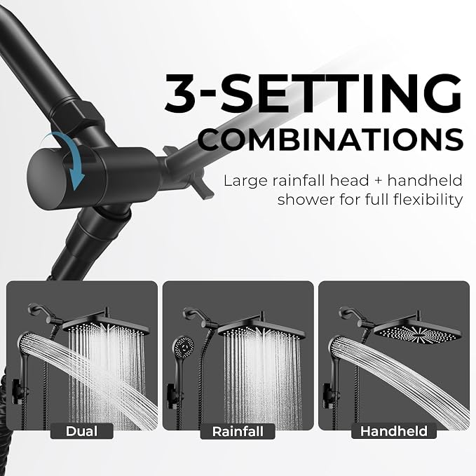 Black Rain Shower Head with Handheld Shower Head, 5 Spray Modes | High-Pressure Dual Shower Combo, Multi-Spray Handheld, 11-Inch Metal Extension Arm, Detachable Design for Easy, Flexible Use