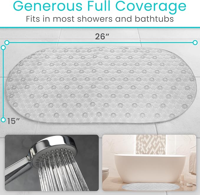 Vive Oval Bathtub Mat - Nonslip Shower Floor Pad - Non-Slip and Non-Skid | For Bath Tub with Strong Rubber Suction Cup Grip - for Baby, Elderly, Kids, Bathroom (Gray)
