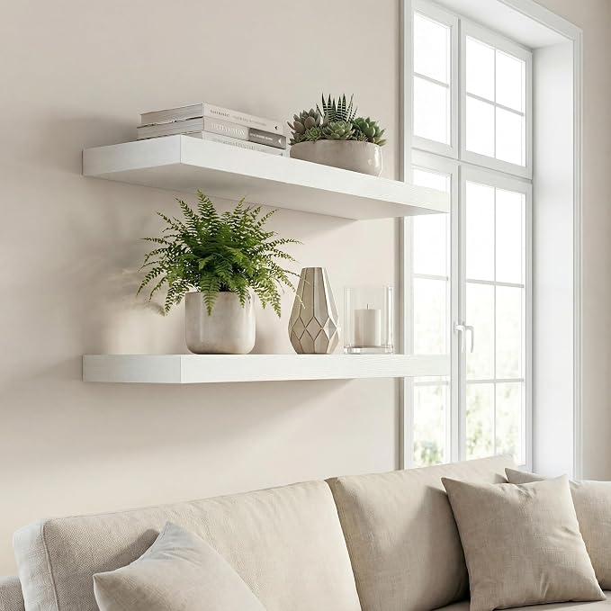 24 in Floating Shelves for Wall Decor Color White,Pack 2 | Modern floating shelves for living room,bedroom,kitchen and bath.Organize & display books,photos and decor.easy mount,sturdy.
