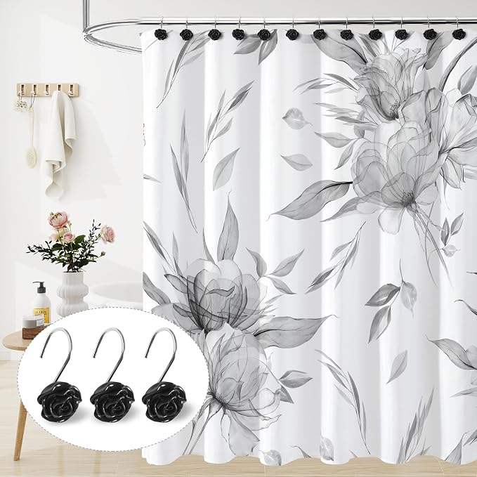 Cute Rose Floral Shower Curtain Hooks Rings for Bathroom,Black 12PCS | Metal Rustproof Curtain Hooks Shower Rings,Girls Decorative Flower Bathroom Decor,for Bathroom Shower Rods