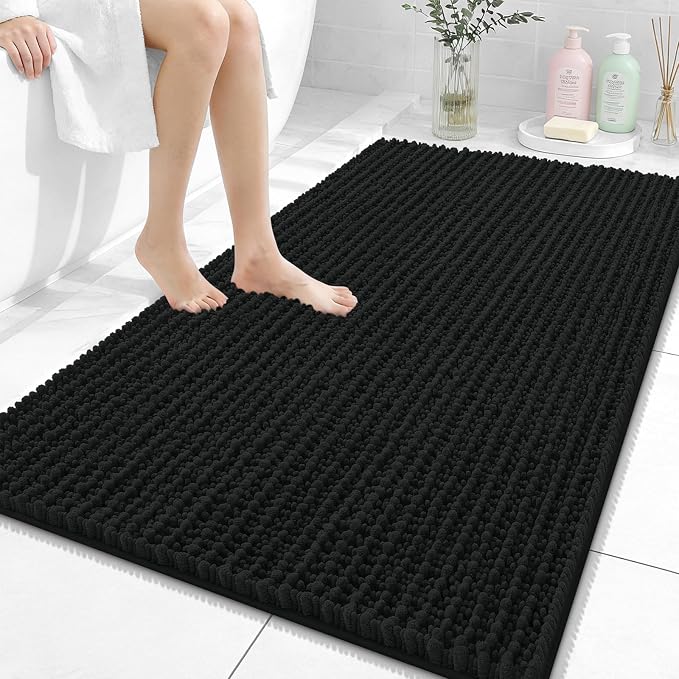 OLANLY Large Bathroom Rugs 44x32, Thick Soft Absorbent Chenille Bath Rugs | Black, Quick-Drying Rubber Backing, Shaggy Bath Mat, Machine Washable for Floor, Tub and Shower, Home Decor Accessories