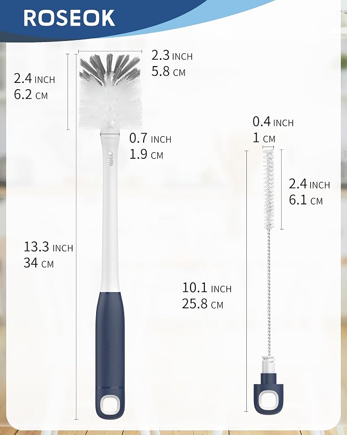 ROSEOK 2 in 1 Bottle Brush with Straw Cleaner Brush, Water Bottle Brush | For Cleaning Glass, Sports Bottle, Coffee Mug, Cup Cleaner, Navy Blue, 2 Pack