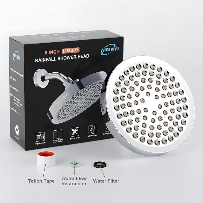 6" High Pressure Rain Shower Head, Luxury Polished Chrome Finish | 6 Inch Fixed Bathroom Showerhead, Adjustable Replacement, 90 Anti-Clog Nozzles, Removable Restrictor, Tool-Free Easy Install