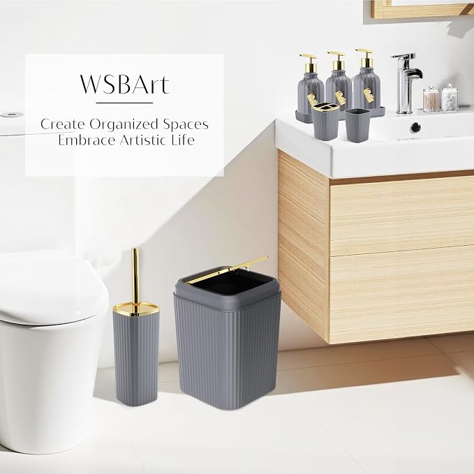 17PCS Bathroom Accessories Set, Gray Bathroom Set Bathroom Accessories Set with Trash Can, Toilet Brush, Toothbrush Holder, Qtip Holder & 3PCS Soap Dispenser