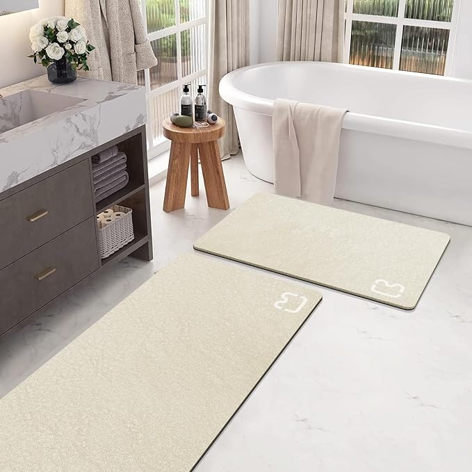 RUERYA Bathroom Rugs and Mats Set 2 Piece Diatomaceous Earth Bath Mat,Beige | Non Slip Rubber Backed Quick Dry Bathroom Rugs Super Absorbent Low Pile Diatomite Stone Bathroom Mat Fit Under Door Floors