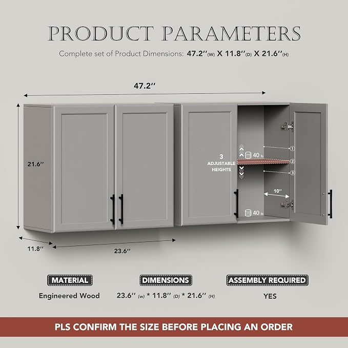 FIMELLO 47.2" W Wall Cabinets for Laundry Room, Kitchen Wall Cabinets, Hanging Cabinets for Wall, Bathroom Wall Cabinet, with Adjustable Shelf, Shaker Doors, Grey