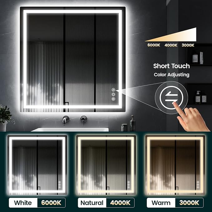 36" x 36" LED Bathroom Mirror with Lights, Memory Vanity Mirror | Anti-Fog, 3 Color Modes, Dimmable, Front Lit, Memory Function, Tempered Glass, Lighted Bathroom Mirror for Wall