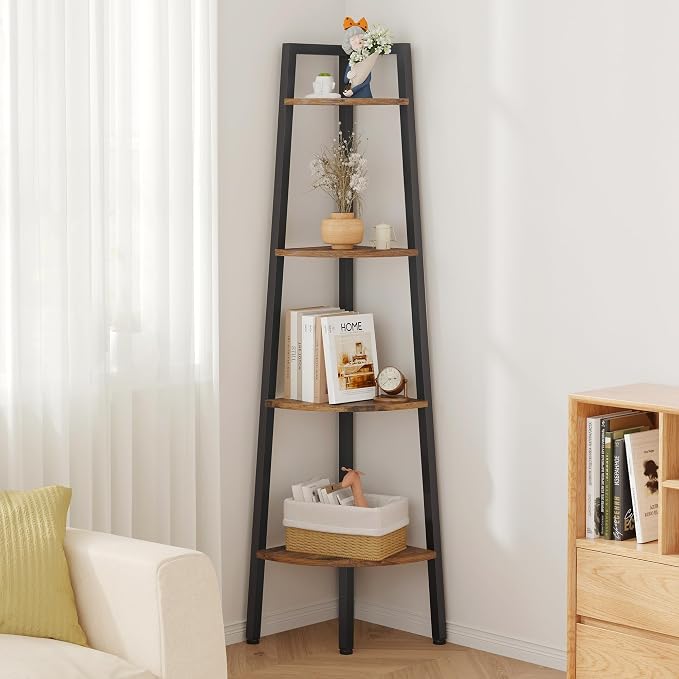 Hoctieon Corner Shelf, 4-Tier Corner Bookshelf, Rustic Ladder Shelf, Industrial Display Stand for Living Room, Kitchen, Home Office, Balcony, Small Space, Metal Frame, Rustic Brown