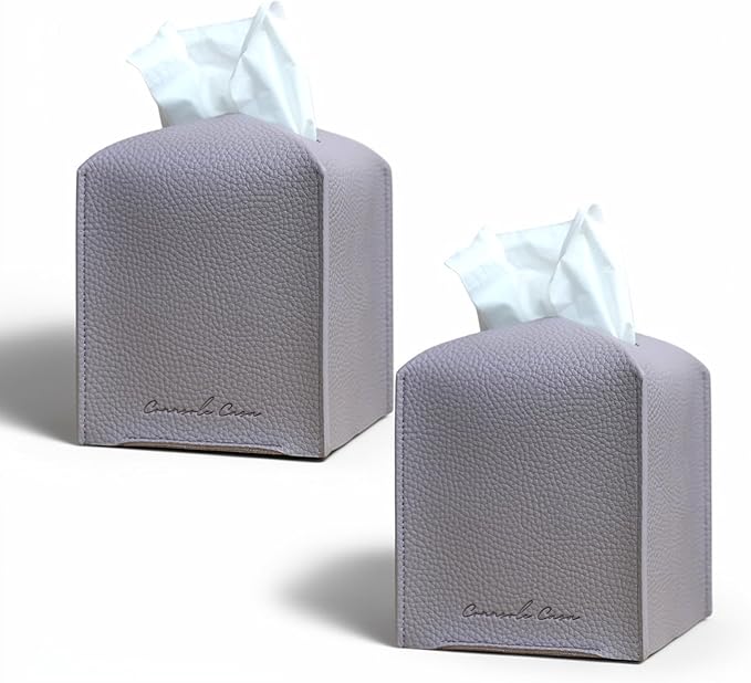 Premium PU Leather Tissue Box Holder - Elegant Hotel-Style Tissue Box Cover for Home, Office & Car Décor, Tissues Cube Organizer for a Natural & Classic Look (Purple Grey 2 Pack)
