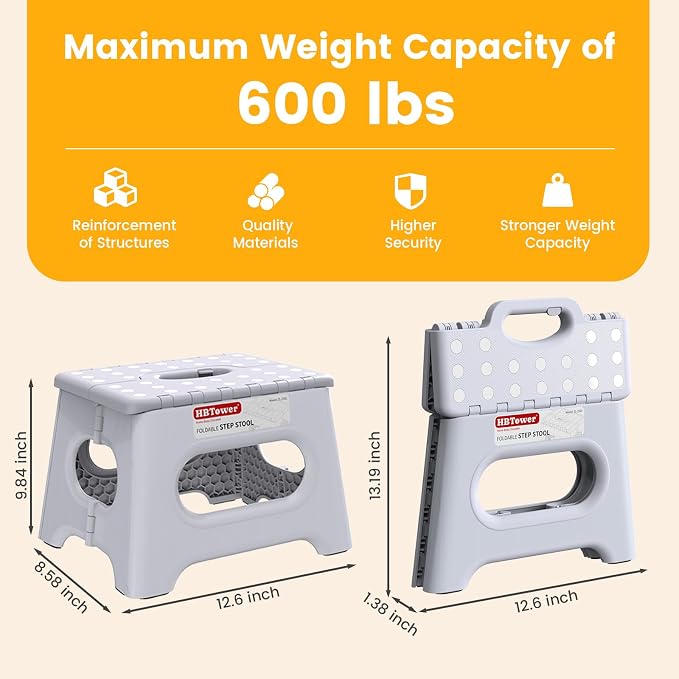 HBTower Folding Step Stool 9 Inch, 600 LBS Capacity with Safety Lock, White | Compact Step Stool Foldable for Kids & Adults, Portable Carry Handle, Collapsible Foot Stool, Kitchen, Bathroom & Outdoor
