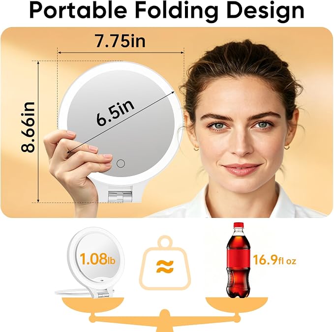 Travel 30X/1X Magnifying Mirror with Light Double Sided Mirror | Rechargeable Lighted Makeup Mirror with 3 Color Setting & Stepless Dimming, Adjustable LED Vanity Mirror