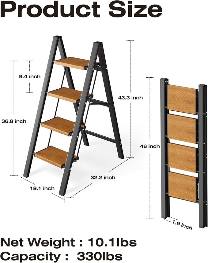 Taranta 4 Step Stool Foldable,Aluminum Step Ladder-BlackWoodgrain | Lightweight,Wide Anti-Slip Pedals,Folding Step Stool,330lbs Capacity Stepladder for Household,Kitchen,Office