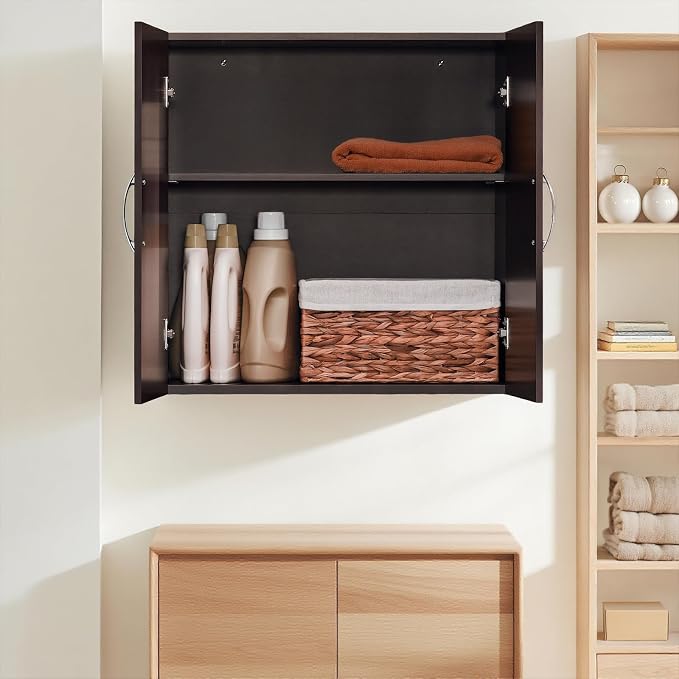 Wall Mount Bathroom & Laundry Storage Cabinet, Wall Size, Brown | Wall-Mounted Storage Cabinet With Door & Adjustable Shelf, Space-Saving MDF Bathroom Organizer, HUS-FRG231