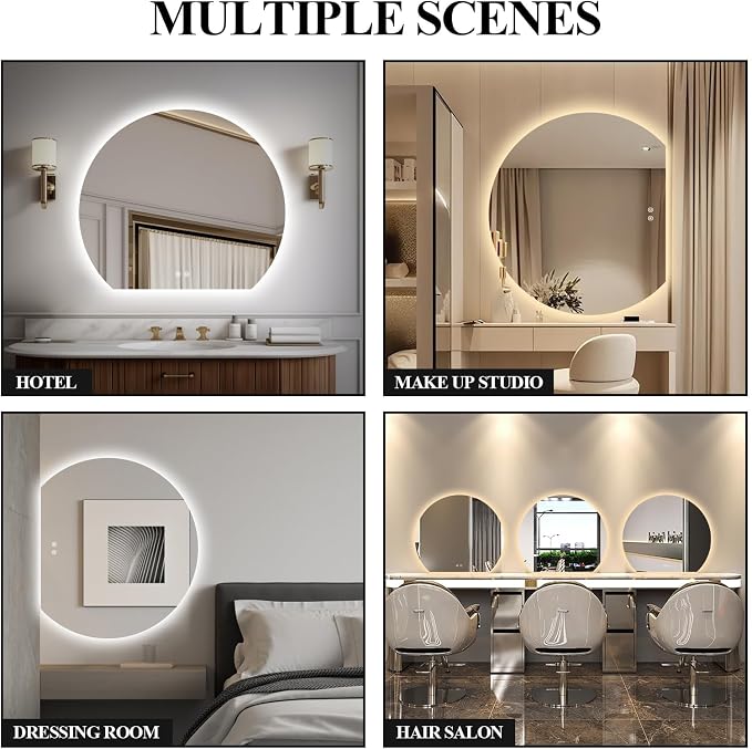 Niccy Round LED Bathroom Mirrors, Half Circle Backlit Mirror, 48" | Frameless Half Moon Mirror for Bathroom Wall, 3 Color Dimmable Anti-Fog Makeup Mirror, Explosion-Proof