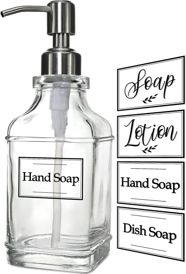 JASAI Antique Design Soap Dispenser with Rust Proof 304 Stainless Steel Pump, Refillable Glass Soap Dispenser with 10Pcs Clear Stickers, Premium Kitchen & Bathroom Soap Dispenser | Refillable Glass Soap Dispenser with 10Pcs Clear Stickers, Premium Kitc...