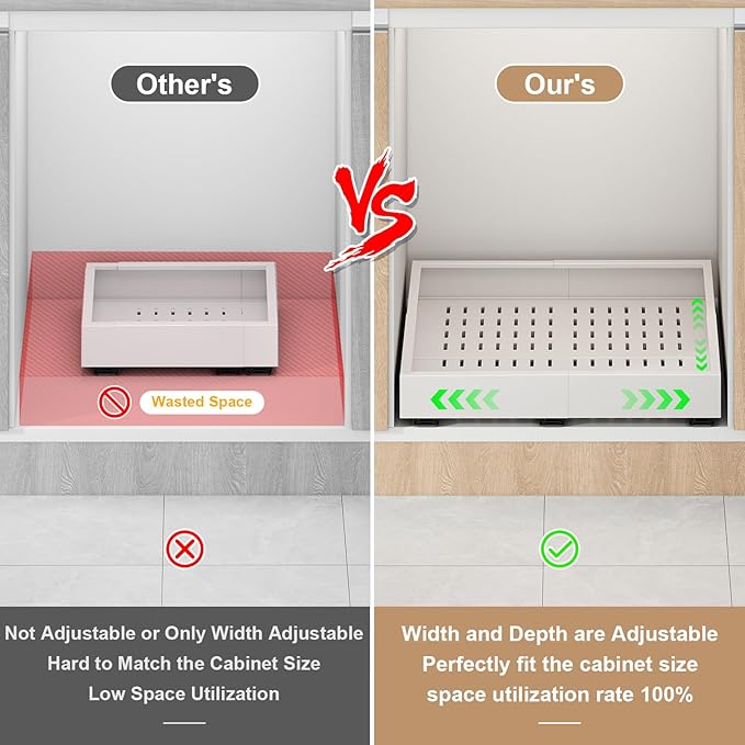 Fokyfok Pull out Cabinet Organizer,11"-16"W,17"-24"D,Expandable,Adhesive | No Drill,3 Rails,Adjustable Slide out Drawers for Kitchen,Pantry,Roll out Shelves,for Cabinets Without Lip,Bathroom,White,1PC