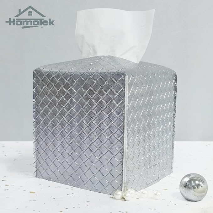 HOMOTEK 2 Pack Tissue Box Cover, Square PU Leather Tissue Holder, Decorative Facial Tissue Cube Paper Organizer Dispenser for Bathroom, Night Stands, Desk, Car 5X5X5'' - Woven Waffle, Silver