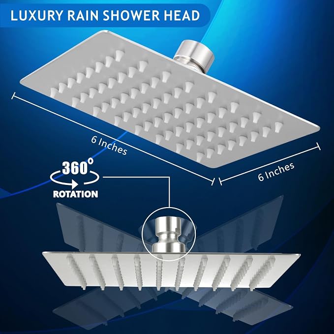 Voolan Rain Shower head, High Pressure Shower Head Made of 304 Stainless Steel, Relaxed Shower Experience Even at Low Water Flow and Pressure(6" Brushed Nickel)