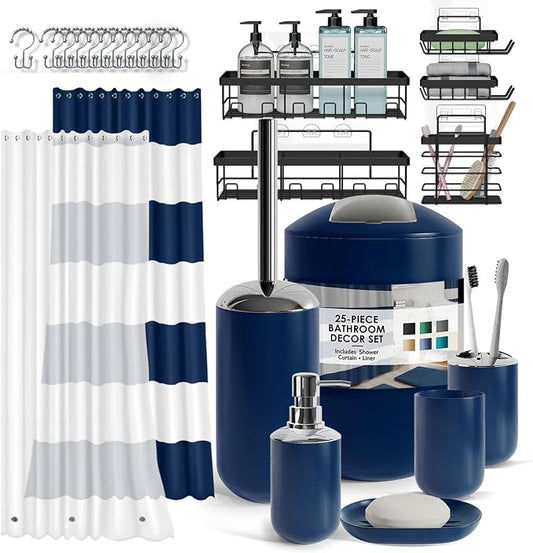 Clara Clark Bathroom Accessories Set - Bathroom Set with Adhesive Corner Shower Caddy Hanging, 25PC Bathroom Accessory Set, Navy Shower Curtain Set, Toilet Brush, Trash Can & Soap Dispenser