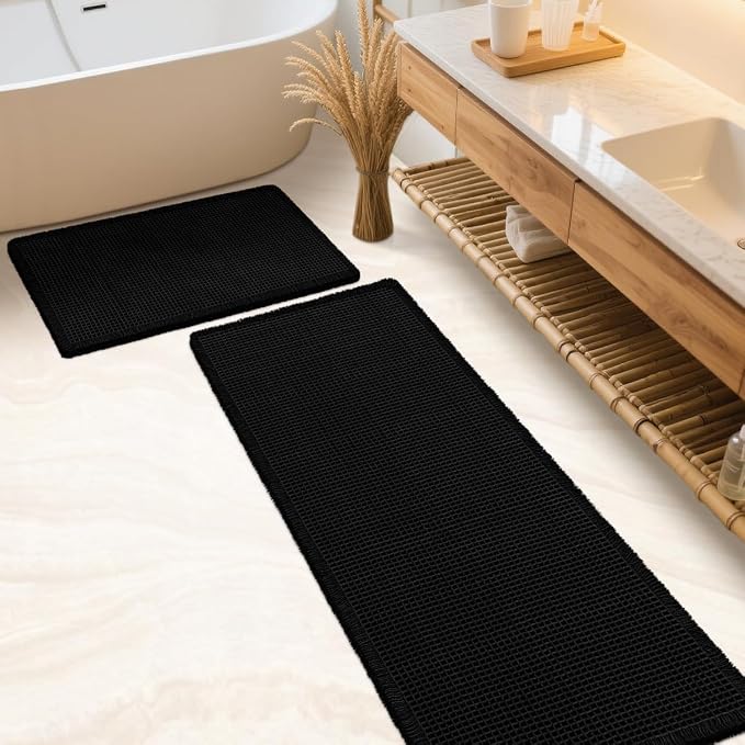 Waffle Bath Mat Set 2 Piece Black,Woven Modern Bath Rug Mats, Absorbent Non Slip Bath Floor Mat, Soft Washable Boho Bath Rugs with Tassels for Bathroom, Bedroom, Kitchen,Tub