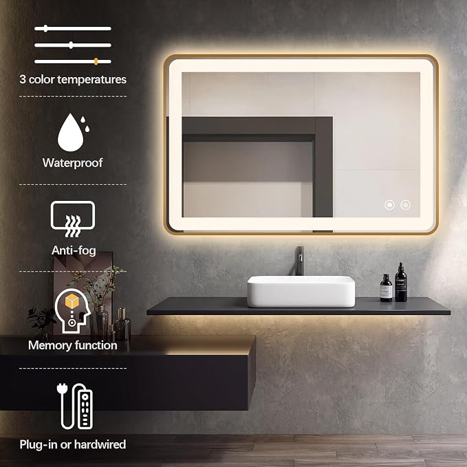 Niccy LED Bathroom Mirror, 32"x20", Gold, Rectangle Wall Mounted | Metal Frame, Anti Fog, Dimmable Smart Mirror, Horizontal or Vertical, For Bathroom/Bedroom/Livingroom/Entryway