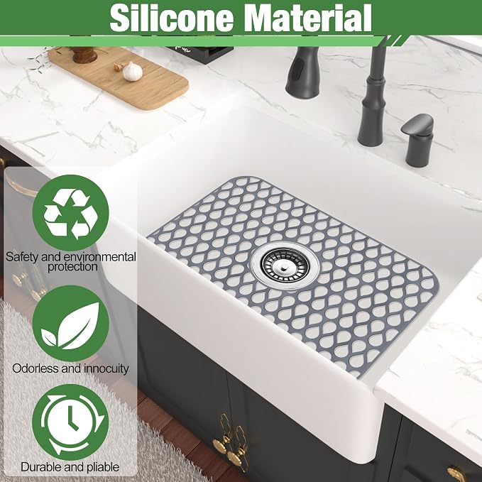 Sink Protectors Mat - 17.95"x12.4" Kitchen Sink Pad for Bottom of Basin for Protection of Stainless Steel and Tableware, Farmhouse Rubber Basin Mat Protector with Center Drain - Light Gray