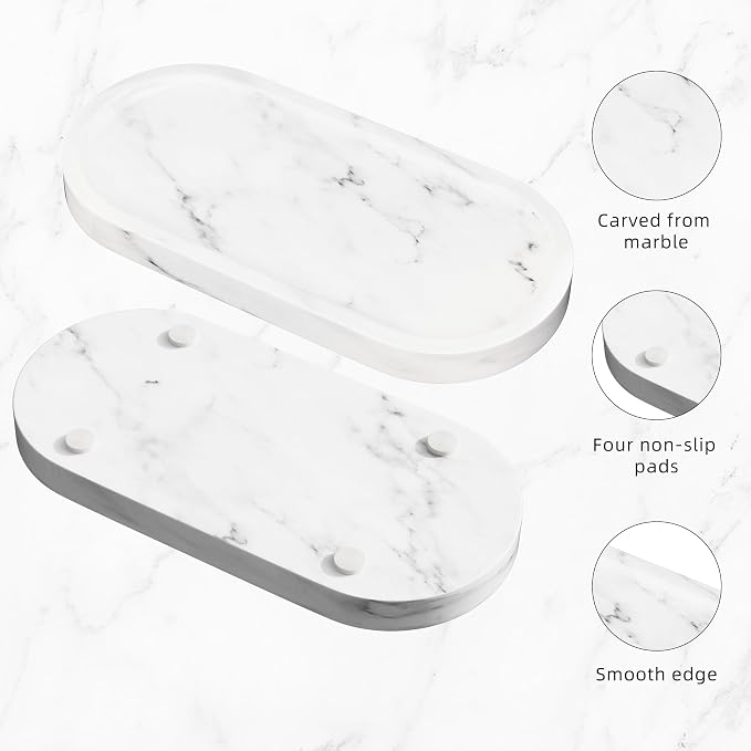 Decorative Trays with Natural Patterns,9.8x4.7x0.7in,Carrara White | Pure Marble Vanity Tray with Anti Slip Foot Pads, Polishing Pallet,Elliptical Stone Bathroom Organizer,Platter for jewelry