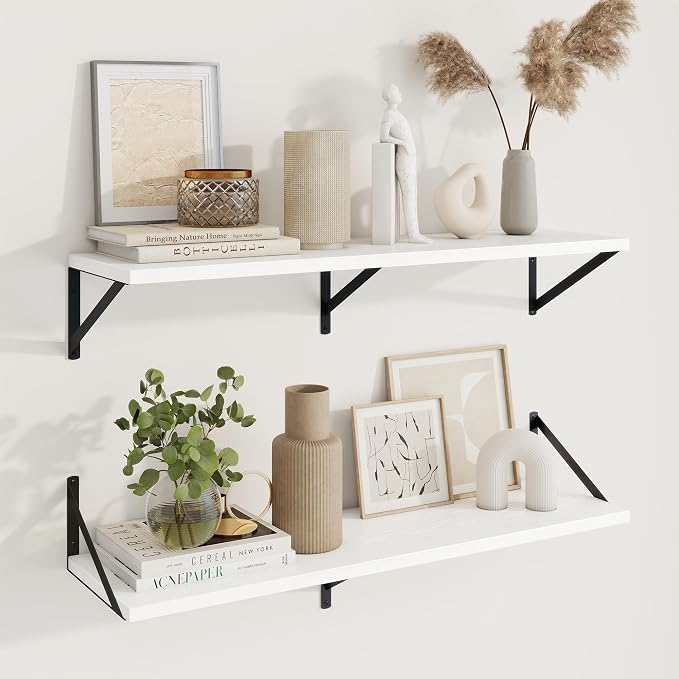 Deep Floating Shelves, 36'' x 10'' White Wall Shelves Set of 2 | 10 Inch Deep Shelves with Heavy Duty Brackets, Rustic Wood Shelves for Bathroom Living Room, Engineered Wood, 45LBS