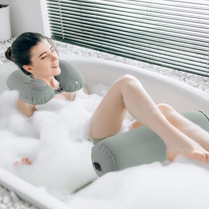 U-Shaped Full Body Bath Pillow for Tub 2 Pcs Inflatable Bathtub Bath Pillows with Adjustable Button for Shower, Neck Support Headrest & Leg Pillow for Relaxation Spa Soak in Bathtub