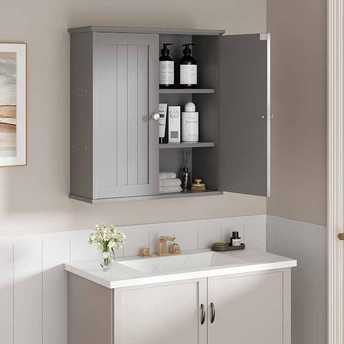 Shintenchi Bathroom Wall Medicine Cabinet, Over The Toilet Storage, Gray | Bathroom Storage Organizer Cupboard, with 2 Magnet Door and 3-Tier Shelves, Space Saving, Easy to Assemble & Clean