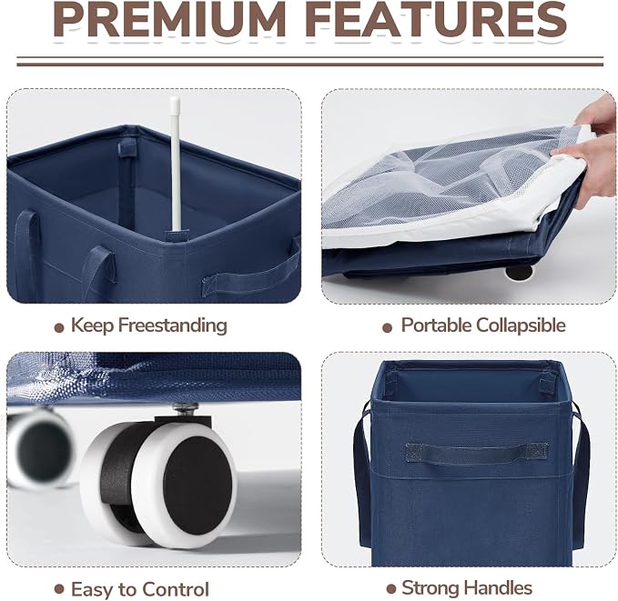 CHICVITA 75L Laundry Basket with Wheels for Dirty Clothes, Blue | College dorm essentials, smooth rolling wheels. Clothes hamper for living room, bedroom, laundry room